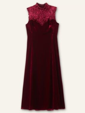 ME+EM Sleeveless Velvet Midi Dress in Burgundy with Embroidered Neckline